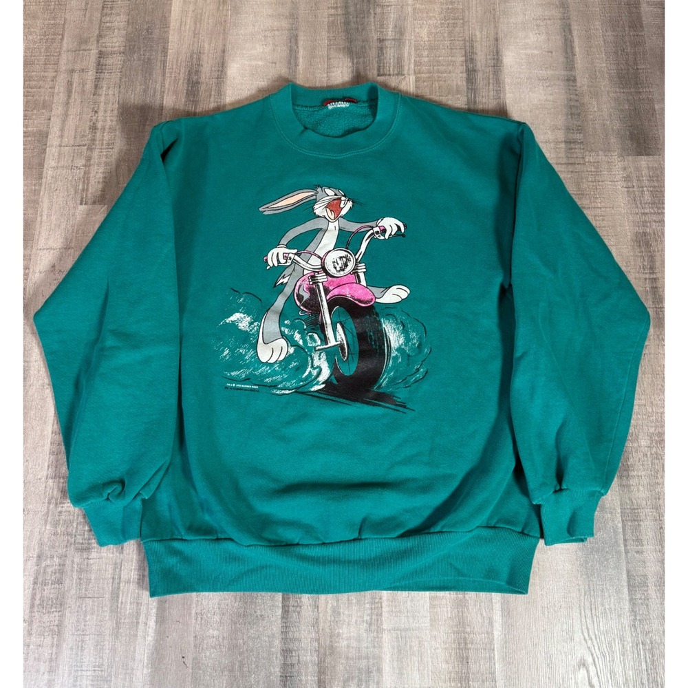 Vintage 1993 Bugs Bunny Motorcycle Sweatshirt Teal Green Warner Bros Mens M L